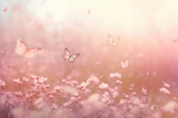 Beautiful gentle spring light background image in pink pastel colors with fluffy small flowers and a group of butterflies fluttering over flowers 