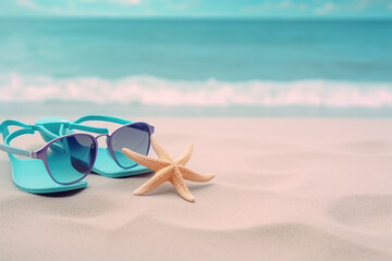 Fototapeta na wymiar Beautiful colorful background for summer beach holiday. Sunglasses, starfish, turquoise flip-flops on sandy tropical beach against blue sky with clouds on bright sunny day