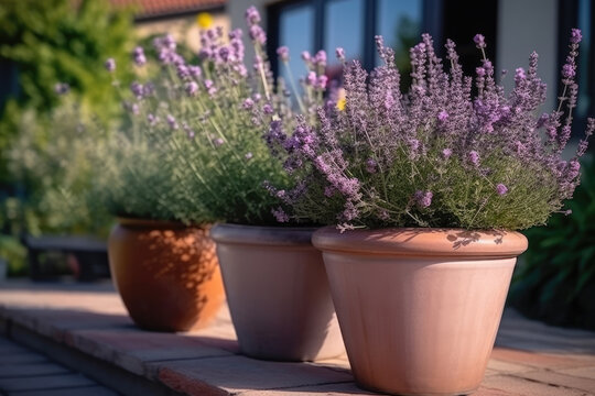 Beautiful pots with blooming purple lavender on the terrace of the house. Home plants. Floriculture 