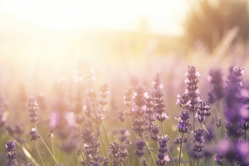 Beautiful blurry image of lavender flowers in nature with soft focus and atmospheric volumetric lighting