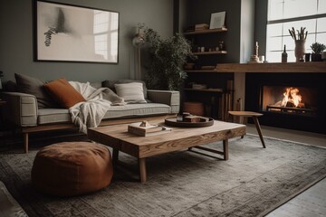A cozy living space with a fireplace, simplistic seating, and stylish striped rug. Generative AI