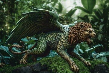 Fototapeta na wymiar An image of a mythical creature with a lion's body, wings, and a serpent's tail. It stands gracefully in the midst of a green jungle. Generative AI