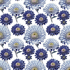 Floral seamless pattern with white and blue Chrysanthemums flowers on white backdrop, background wallpaper design for textile, fabric, cover, wrapping paper. AI generated.