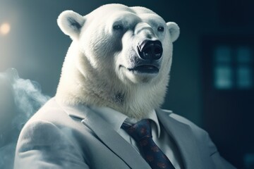 Anthropomorphic Polar bear dressed in a suit like a businessman. Business Concept. AI generated, human enhanced