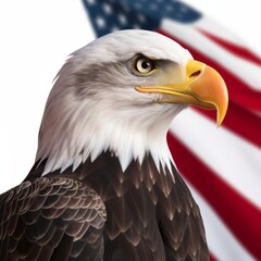 A portrait of a bald eagle with the American flag and a white background. Generative AI. 