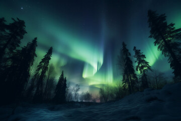 Fototapeta premium Northern lights, epic view of sky lights, green and blue landscape