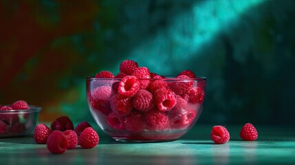 A bowl of freshly washed raspberries on a table - Generative AI