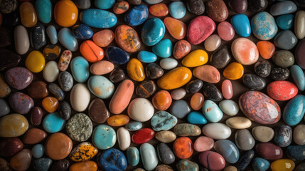 Fototapeta na wymiar Colorful Sea pebbles, gems background. Smooth and Shiny Blue, pink, orange stones multicolored texture. Generative AI.
