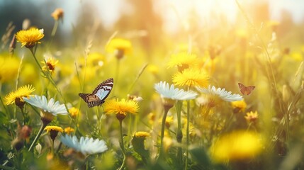 Beautiful colorful summer spring natural flower background. Butterfly on a bright sunny day with beautiful bokeh	