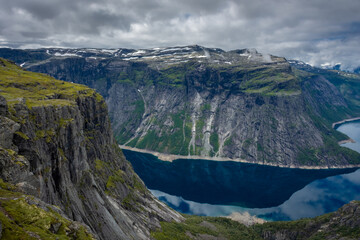 Naklejka na ściany i meble The amazing landscape of the Ringedalsvatnet Lake from Trolltunga scenic spot, Norway