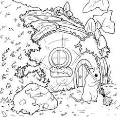 Fototapeta premium Vector image of a mouse forest house. The mouse is tidying up. For printing coloring books, products for children, website design and other products. House for small creatures, covered with moss.