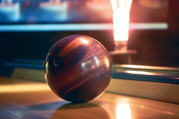 Naklejka na ściany i meble Blurred bowling ball hits pins on alley. Generative AI