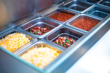 Food Truck Plating, Serving station with Cheese, Pico de Gallo and Red Salsa