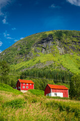 Typical red houses in Senja Island,  Norway