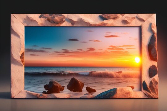 Photo frame stone, sea at sunset, for summer - generative ai
