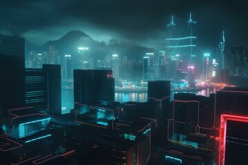 Futuristic night city with neon lights and advanced architecture. Generative AI