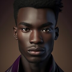 Rendered portrait of a young black man, close-up looking at the camera. Ai generated.