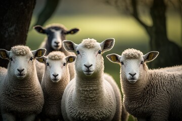 Fototapeta premium Several alerted sheep look towards the camera, adorable sheep. Ai generated.