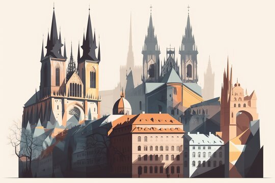 The city of in Prague minimalistic flat design in pastel tones. Ai generated.
