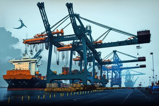 Stevedores cranes unload a merchant ship. Ai generated.