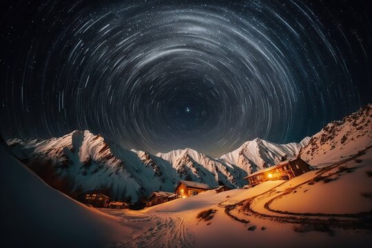 Stars revolving around the pole star in a night snow field. Ai generated.
