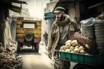 A trader in an impoverished city in the Middle East, with his cargo of food. Ai generated.