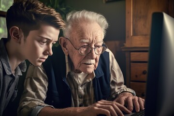 A grandson explains to his grandfather how to install applications on a mobile. Ai generated.