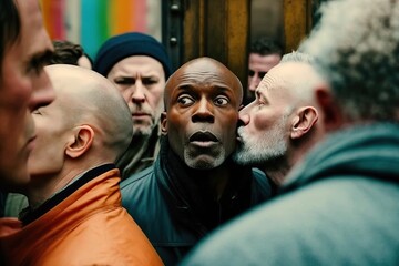 Fototapeta premium A black man looking shocked at being kissed on the cheek by another man. Ai generated.