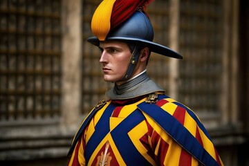 Obraz premium Young soldiers dressed as Swiss guards, medieval style. Ai generated.