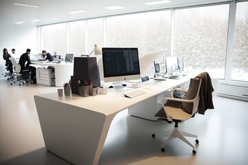 View of a modern white office of a technology company. Ai generated.