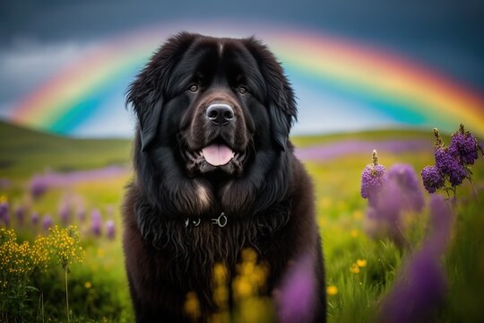 A purebred new foundland waits on a meadow in the open air. Ai generated.