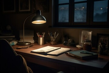 Desk with notebook and table lamp at night. Generative AI