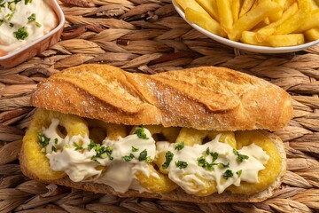 Typical Spanish calamari sandwich with mayonnaise and minced garlic and parsley. A little faded fries and glass of cold beer. Concept of tapas, fun and gastronomy.