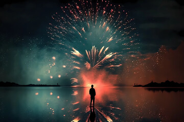 Silhouetted Person Standing in a Lake Transfixed on a Stunning Fireworks Display in the Night Sky (Generative AI) - obrazy, fototapety, plakaty