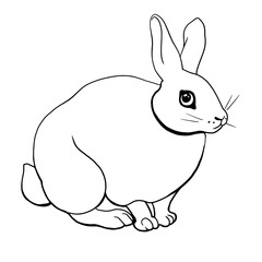 Linear image of a hare. The graphics are monochrome. For printing stickers, labels, logos, etc. Vector hare. Drawing of a white rabbit. Rabbit sits and looks.
