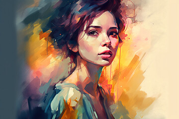 Portrait of a beautiful girl with bright make-up. digital painting. Generative AI