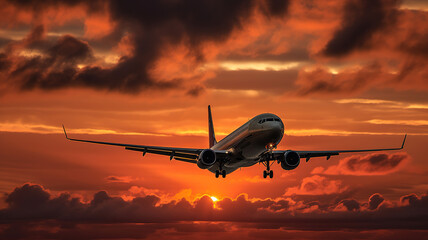 Airplane flying over spectacular sunset sky light, Passengers Jet plane in dramatic clouds. Travel and Tourism Concept 