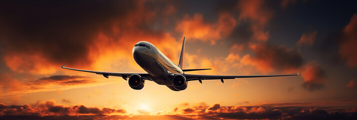 Airplane flying over spectacular sunset sky light, Passengers Jet plane in dramatic clouds. Travel and Tourism Concept 