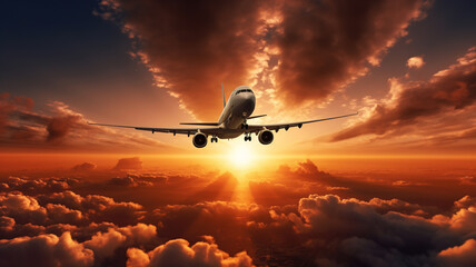 Airplane flying over spectacular sunset sky light, Passengers Jet plane in dramatic clouds. Travel...
