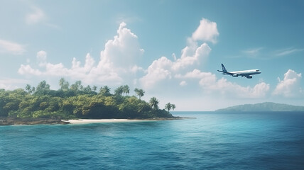 Fototapeta na wymiar Passenger Airplane Fly Over Tropical Islands in Ocean, Coastline at Sunrise in summer - Travel and Tourism Concept