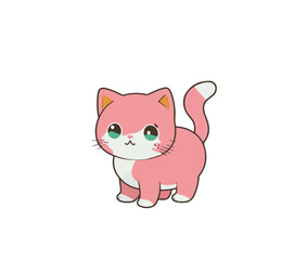 Pink cartoon kitten with a cute muzzle on a white background. Vector illustration