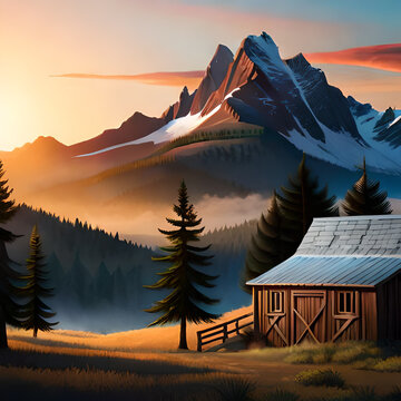 Mountain Log cabin overlooking a sunrise in the Fall 