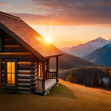 Mountain Log cabin overlooking a sunrise in the Fall 