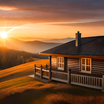 Mountain Log cabin overlooking a sunrise in the Fall 
