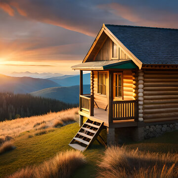 Mountain Log cabin overlooking a sunrise in the Fall 