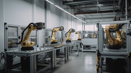 conveyor belt in factory with robot arms (generative ai)