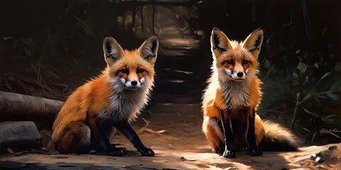Fototapeta premium two small foxes sit on a wooded path Generative AI