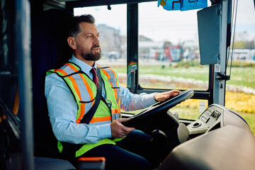 Mid adult bus driver behind steering wheel.
