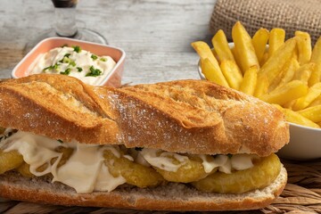 Typical Spanish calamari sandwich with mayonnaise and minced garlic and parsley. A little faded fries and glass of cold beer. Concept of tapas, fun and gastronomy.