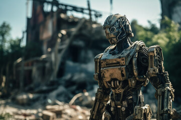 a robot in a destroyed city with ruins of buildings, side street deserted. Generative AI
